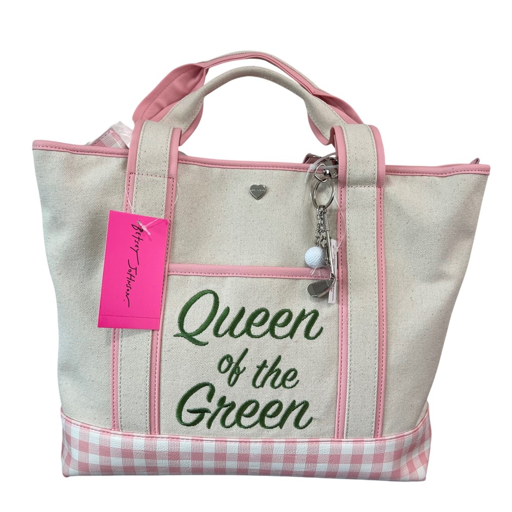 Betsey Johnson Queen of the Green Canvas Tote Bag Pouch Pink Gingham